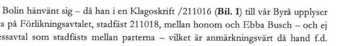 Bild på textutdrag ur ett juridiskt dokument som nämner ett förlikningsavtal mellan parter.