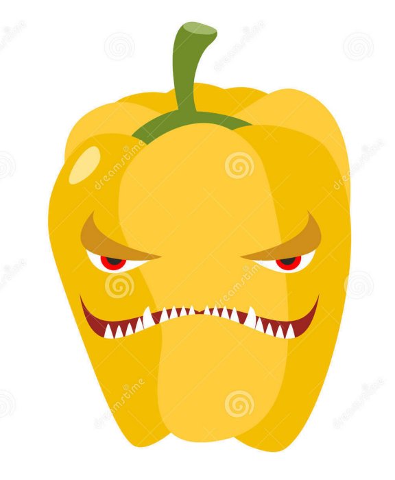 Illustration av en gul paprika med ett skrämmande ansikte som ser läskig ut.