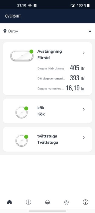 Skärmdump av en app för övervakning av hushållsförbrukning med avstängningsknappar för olika utrymmen.