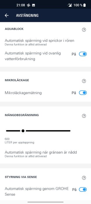 Skärmdump av inställningar för vattenkontrollsystem med alternativ för automatisk avstängning och mängdbegränsning aktiverade.