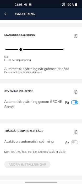 Skärmdump av inställningsmeny för vattenanvändning med alternativ för mängdbegränsning, styrning via Sense och trädgårdssprinklerläge.