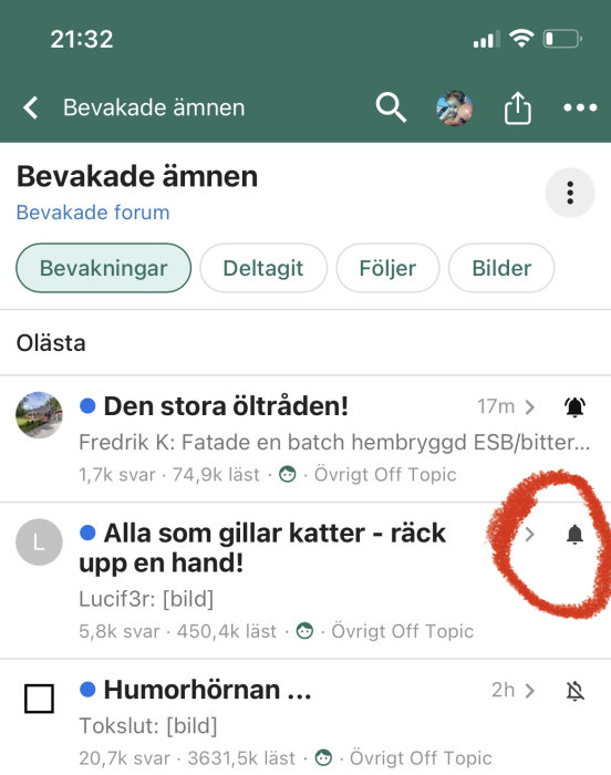 Skärmdump av ett diskussionsforums bevakningslista med trådar och uppdaterade notisinställningar.