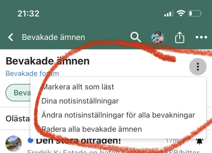Skärmdump av forumets bevakningsfunktioner med markerade alternativ som "Markera allt som läst" och "Ändra notisinställningar".
