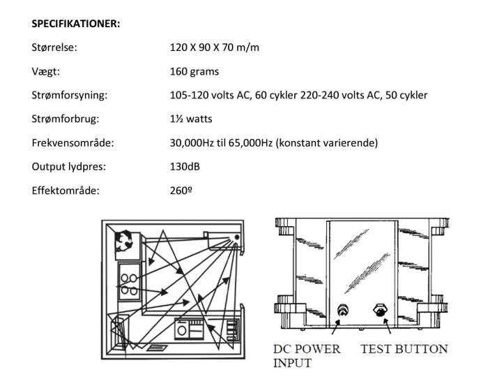 Teknisk ritning och specifikationer för en ultraljudsskrämma mot skadedjur.