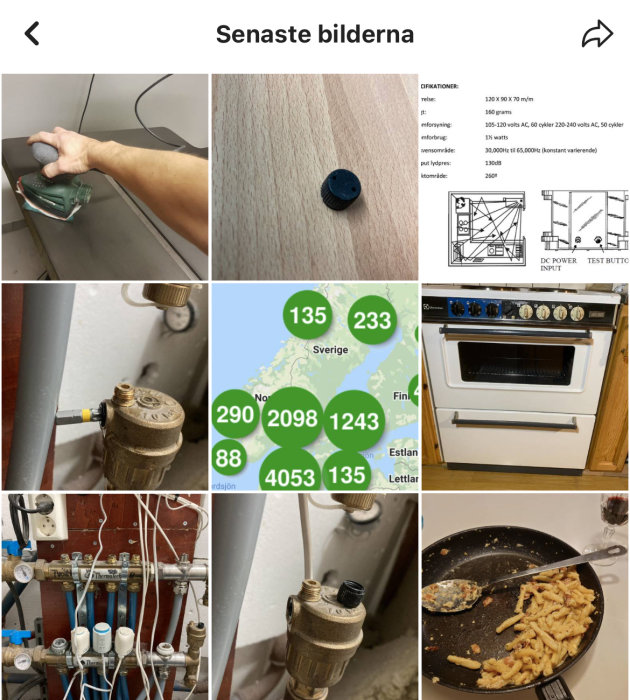 Collage av olika byggprojekt: slipande av hörn, svart plastbit, vattenmätare, karta över Sverige, spis och stekpanna med mat.