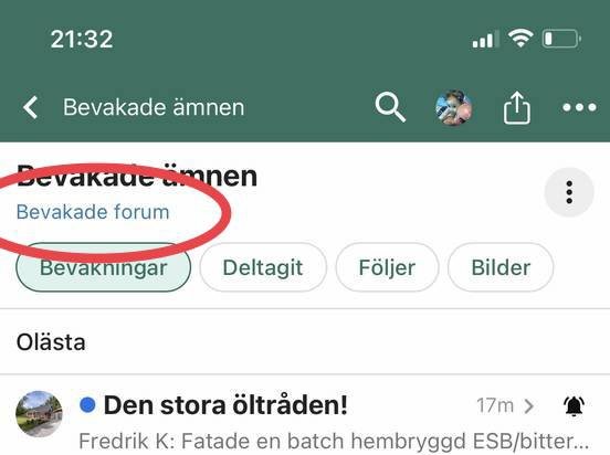 Skärmdump av diskussionsforum i en app med fokus på den valda fliken 'Bevakningar' omgiven av andra flikar.