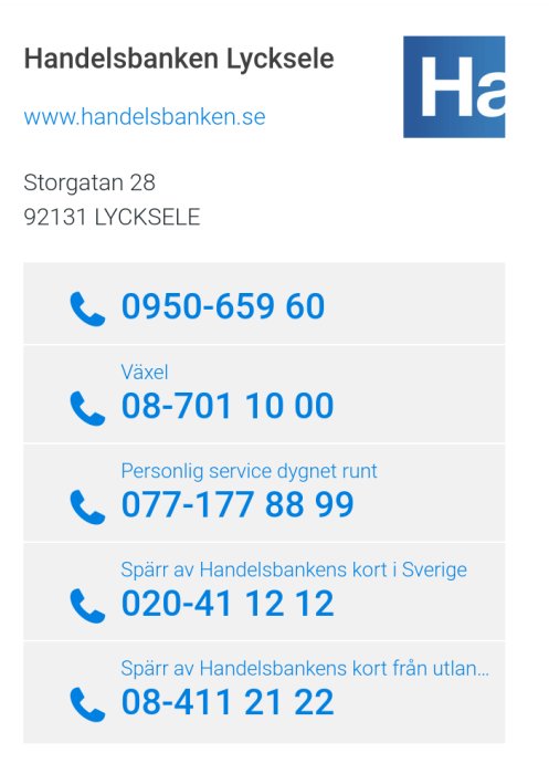 Bild på kontaktinformation till Handelsbanken i Lycksele med telefonnummer i olika format.