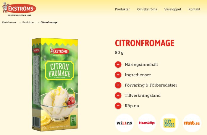 Ekströms citronfromage förpackning på en webbsida med produktinformation och inköpslänkar.