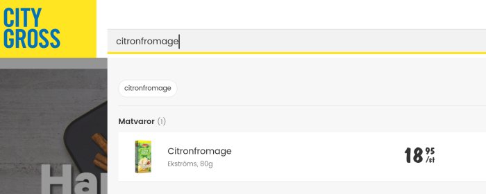 En skärmdump av Citronfromage från Ekströms, 80g, listad på City Gross för 18,95 SEK.