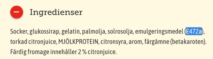 Ingredienslista för en produkt med socker, gelatin och emulgeringsmedel E472a framhävt, totalt 2% citronjuice.