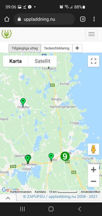 Karta från uppladdning.nu som visar positioner för elbilsladdare med gröna ikoner i Ockelbo och Sandviken.