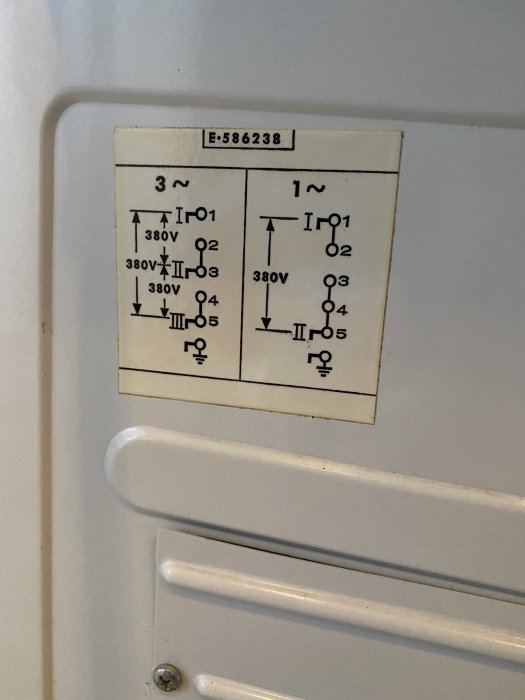 El-skåp med etikett som visar elektriska scheman för trefas och enfas inkoppling.