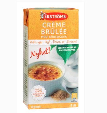 Förpackning av Ekströms Crème Brulée med texten 'Nyhet' och bild på en skål med dessert.