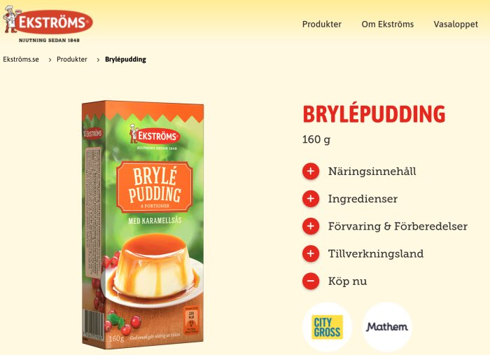 En skärmdump av Ekströms Brylépudding produktinformation sida med förpackning och menyval.