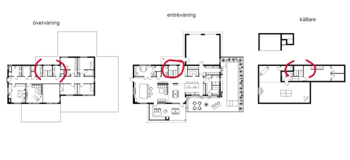 Ritning i SketchUp som visar planlösningar för övervåning, entrévåning och källare med markerade områden.