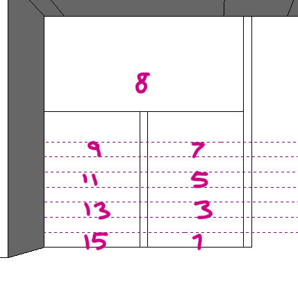 Ritning av trappsteg märkta med siffror, största steget upptill märkt med "8".