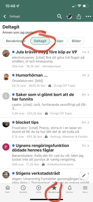 Skärmdump av ett diskussionsforums användargränssnitt med öppen flik "Deltagit" markeringar på rubriker och bevakningsknapp.