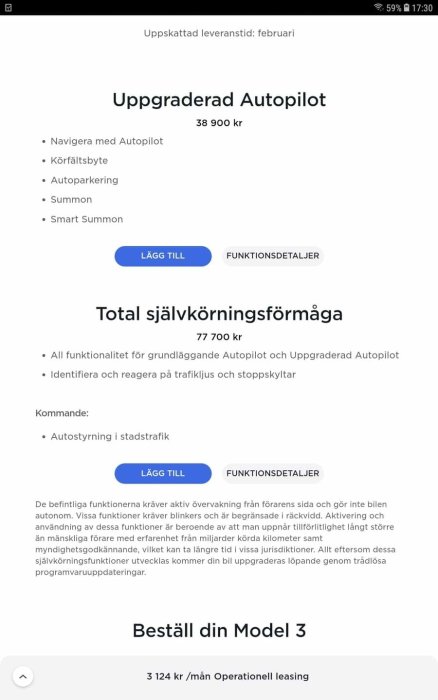 Skärmbild som visar information om uppgraderad Autopilot och total självkörningsförmåga med priser och funktioner.