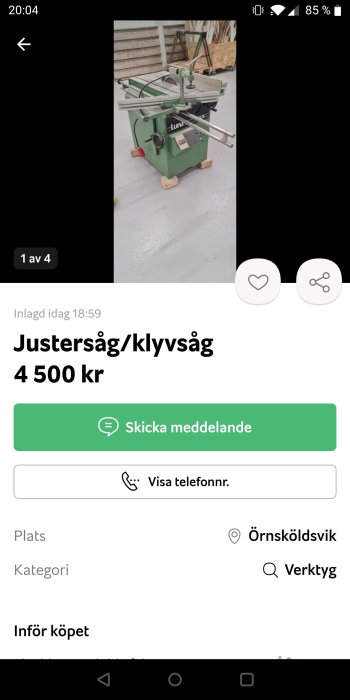 Justersåg och klyvsåg till salu visas i en verkstadsmiljö, grön färg och utan glasögon på bilden.