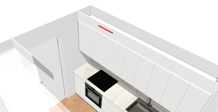 3D-planering av ett nytt kök med rött streck markerat för ventilation på sockeln.