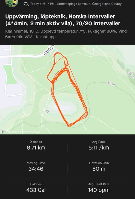 GPS-spår av löprunda på karta med statistik: distans 6.71 km, tid 34:46, tempo 5:11/km, kalorier 433, höjdvinst 50 m, puls 140 bpm.