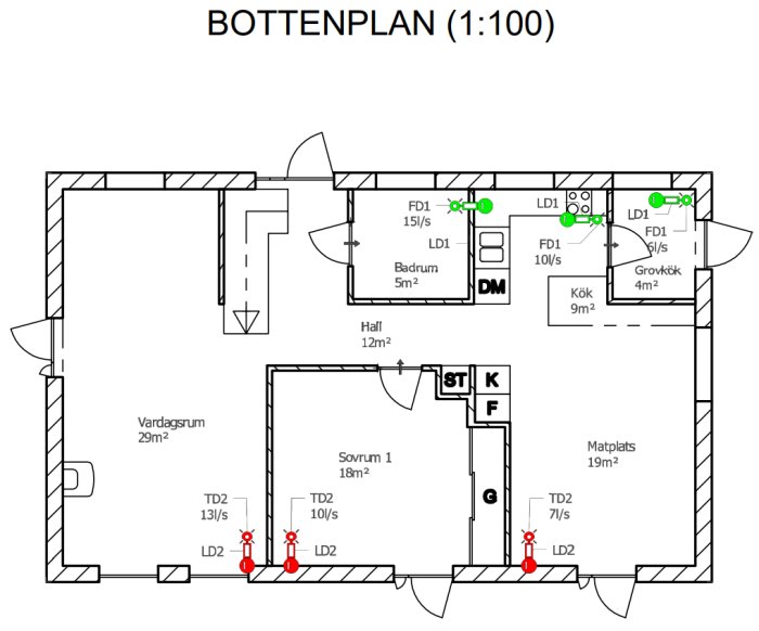 Ventilationsritning för bottenvåningen av en villa med markerade luftflöden och placering av ventiler.