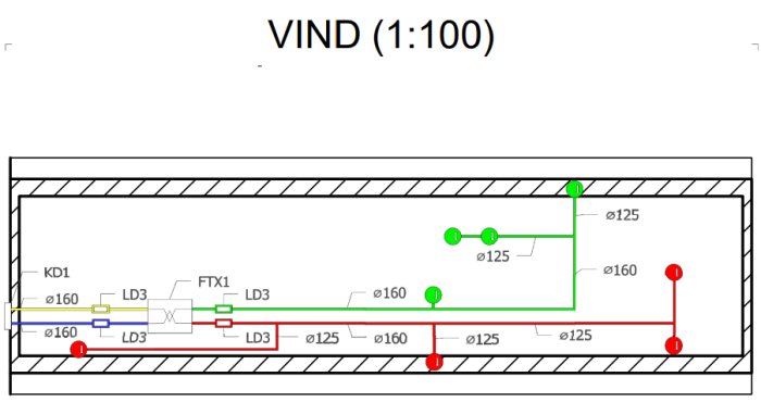 Teknisk ritning av ventilationsplan för vindsutrymme med färgkodade ventilationskanaler och dimensioner angivna.