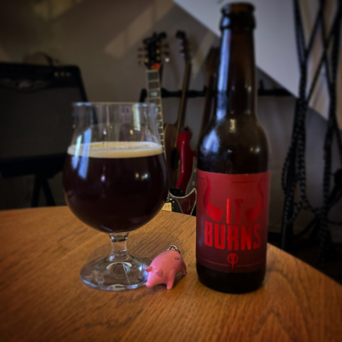 Chiliölflaskan ”It Burns” bredvid ett glas öl och en liten rosa leksak, med gitarrer i bakgrunden.