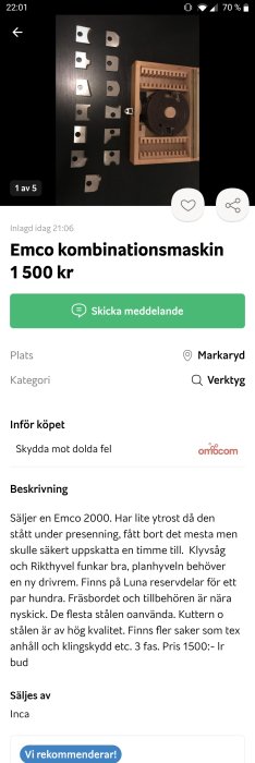 Delar till en Emco kombinationsmaskin, inklusive kutter och oanvända stål, på mörk bakgrund.