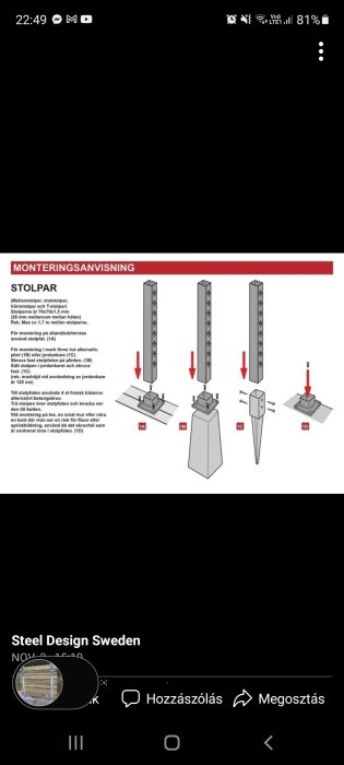 Monteringsanvisning för metallstolpe med stolpsko på betongplint och jordankare.