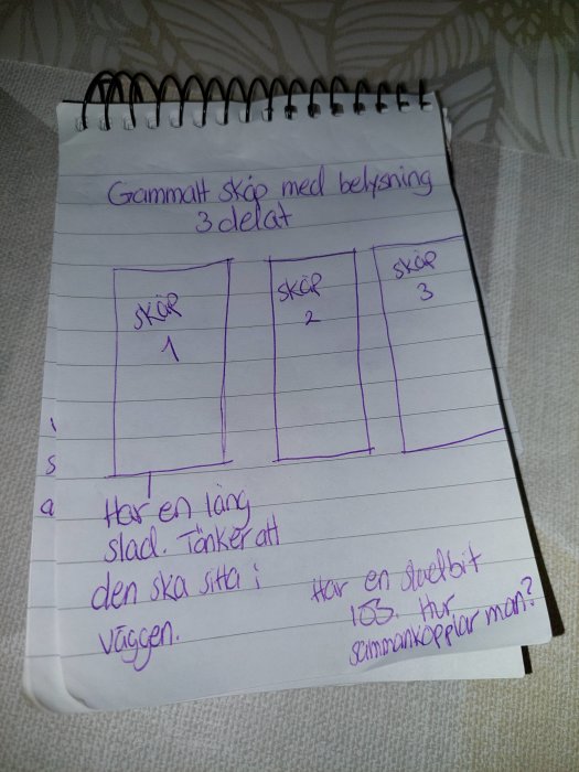 Handritad skiss av ett tredelat skåp med anteckningar om belysningsinstallation.