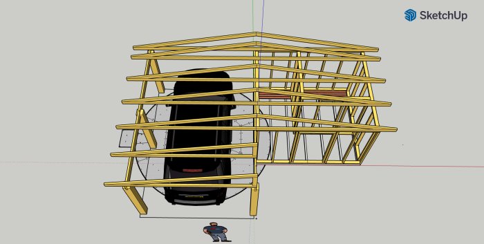 3D-skiss av en carport med takstolar utan fackverk, över en bil och en person.