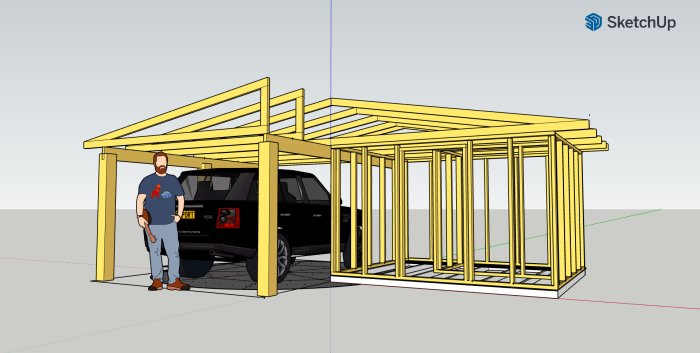 3D-skiss av ett förråd intill en carport med takstolar, bil parkerad under och en person.