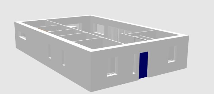 3D-skiss av ett fritidshus med putsad fasad och planlösning, sett från ett hörn.