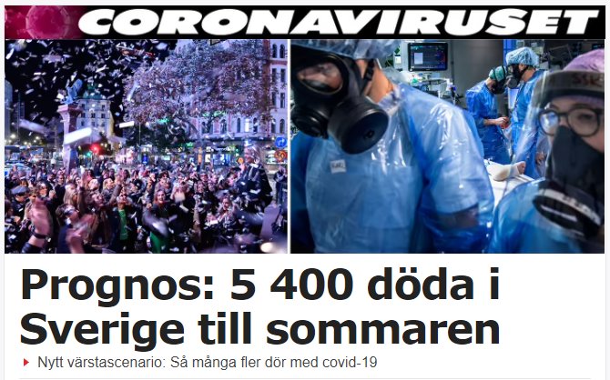 Folkfest på gata med konfetti i luften och vårdpersonal i skyddsutrustning, rubrik om coronaprognos.