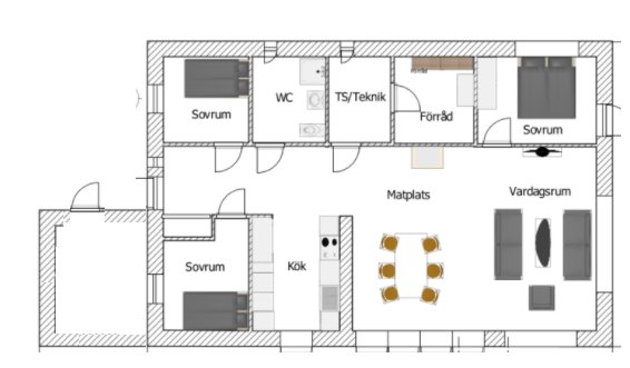 Layoutskiss av ett hus med kök, matplats, vardagsrum och sovrum arrangerade runt teknik- och förrådsutrymmen.