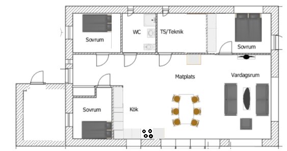 Planritning av ett hus med kök, matplats, vardagsrum, sovrum, WC och teknikrum.