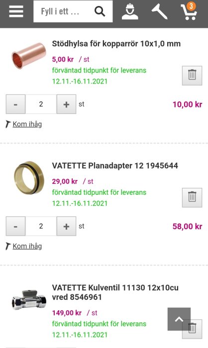 Skärmdump från webbutik med byggprodukter: stödhylsa, planadapter och kulventil med priser och leveransdatum.