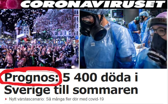 Skärmdump av nyhetsartikel med rubriken "CORONAVIRUSET", inringad text "Prognos: 5 400 döda i Sverige till sommaren", folkmassa och vårdpersonal.