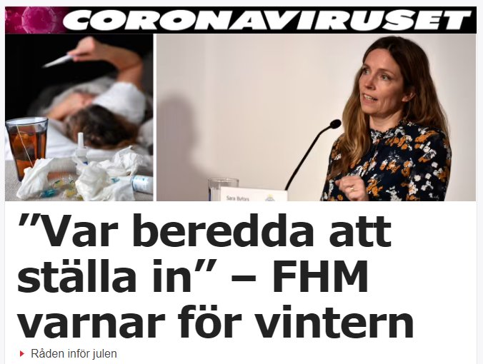 Bildcollage med två bilder; till vänster en närbild på en självtestning för COVID-19, till höger FHM-representant som talar under presskonferens.