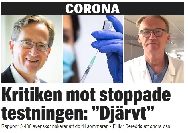 Nyhetsartikel med rubriken "Kritiken mot stoppade testningen: 'Djärvt'" och bilder på två män och en coronavaccination.