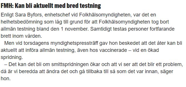 Skärmdump av en artikel om FHM:s övervägande att återinföra bredare Covid-19 testning.