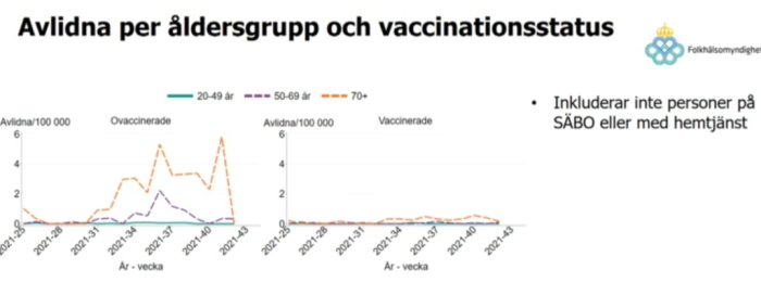 Diagram som jämför dödsfall per 100 000 för olika åldersgrupper och vaccinationsstatus över tid, med högre siffror för ovaccinerade.