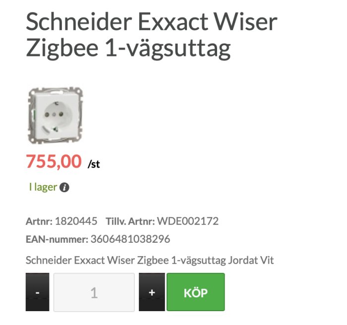 Schneider Exxact Wiser Zigbee 1-vägsuttag, jordat och vitt, för smart hem-styrning, prissatt till 755 kronor.