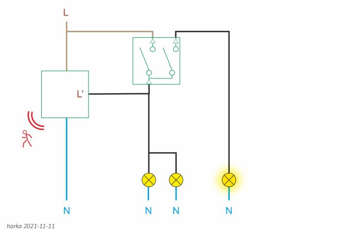 Enkelt elschema som visar anslutning av kronomkopplare med tre lampor.