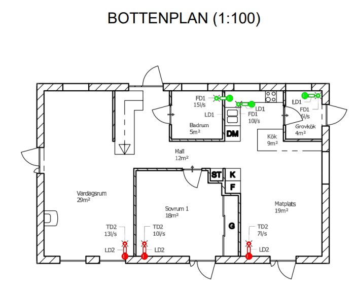 Arkitektritning av ett bottenplan med markerade elinstallationer och möblering.