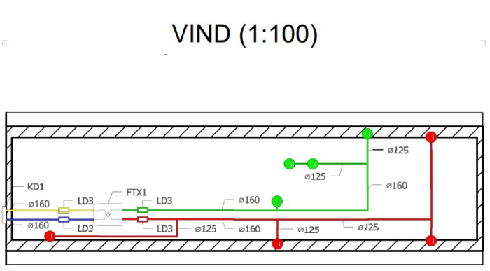 Schema över vindutrymme med dimensionerade kanaler, ventiler, och avståndsmarkeringar mot snedtak.