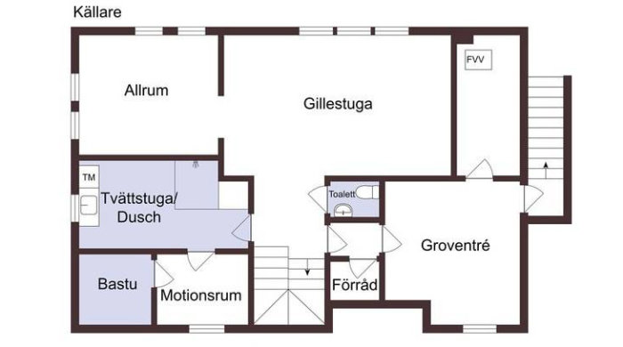 Planlösning av källaren i ett hus med markerat rum för FTX-aggregat, tvättstuga och andra utrymmen.