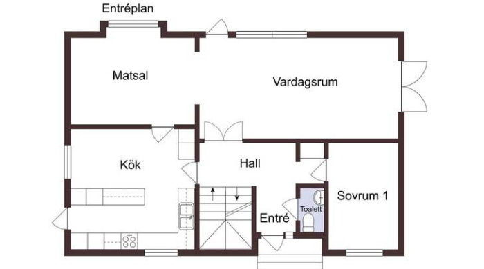 Planritning av entréplan i ett hus med markerade rum som kök, matsal, vardagsrum, hall, toalett, och sovrum.