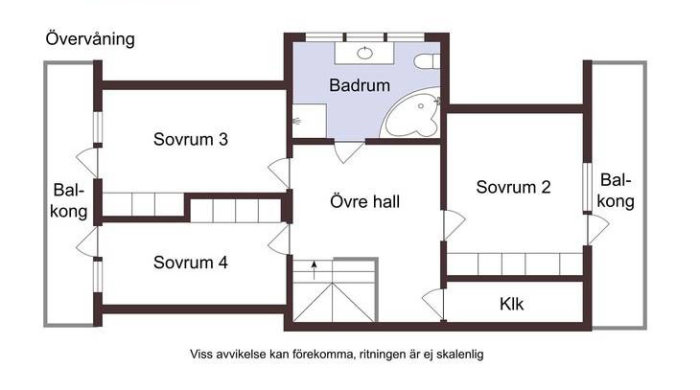 Planritning av övervåning i hus med badrum, sovrum och balkonger.